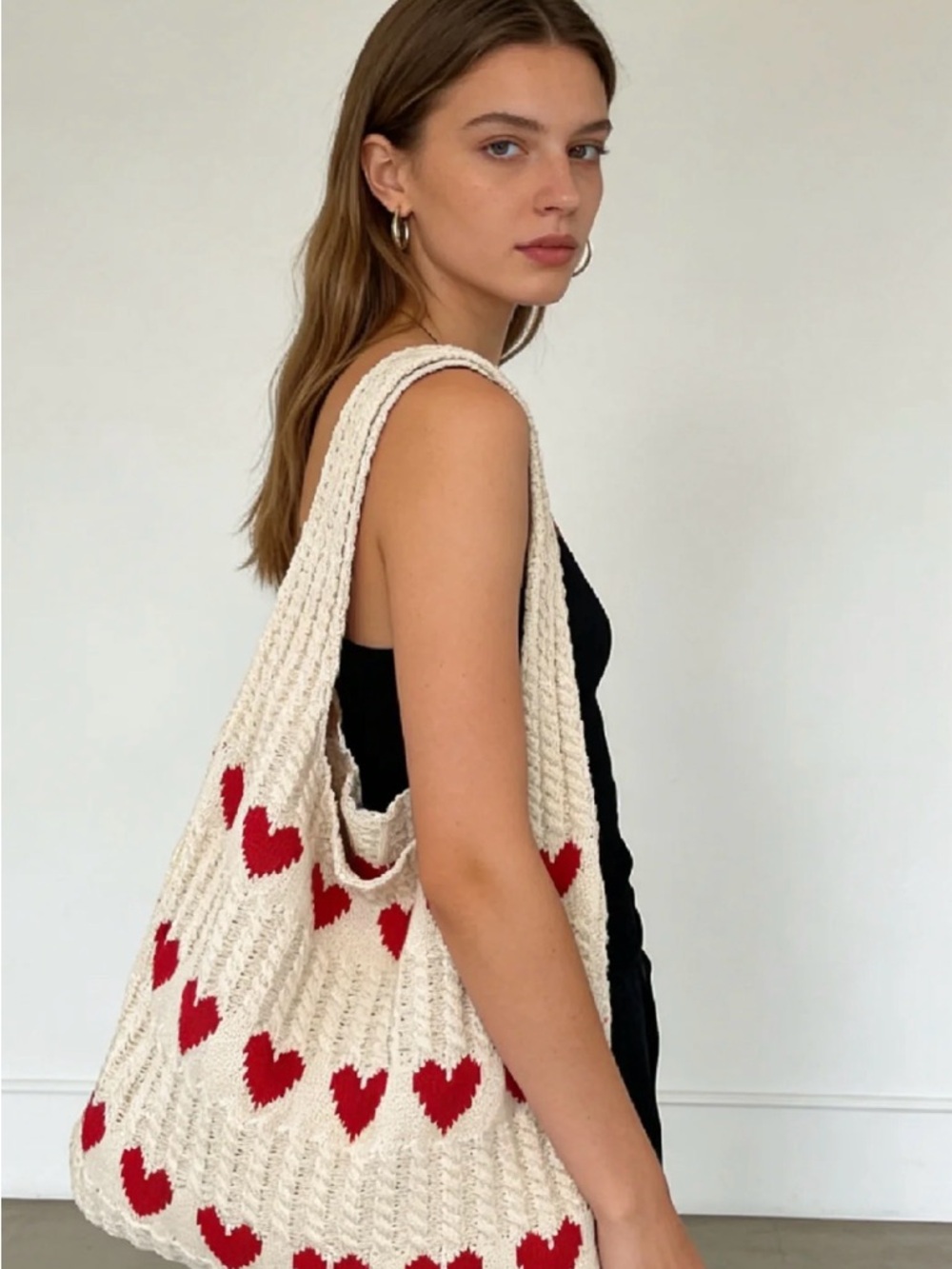 Heart Tote Cream Red Heart Crochet Knit Tote Purse Bag Boho Foldable Packable